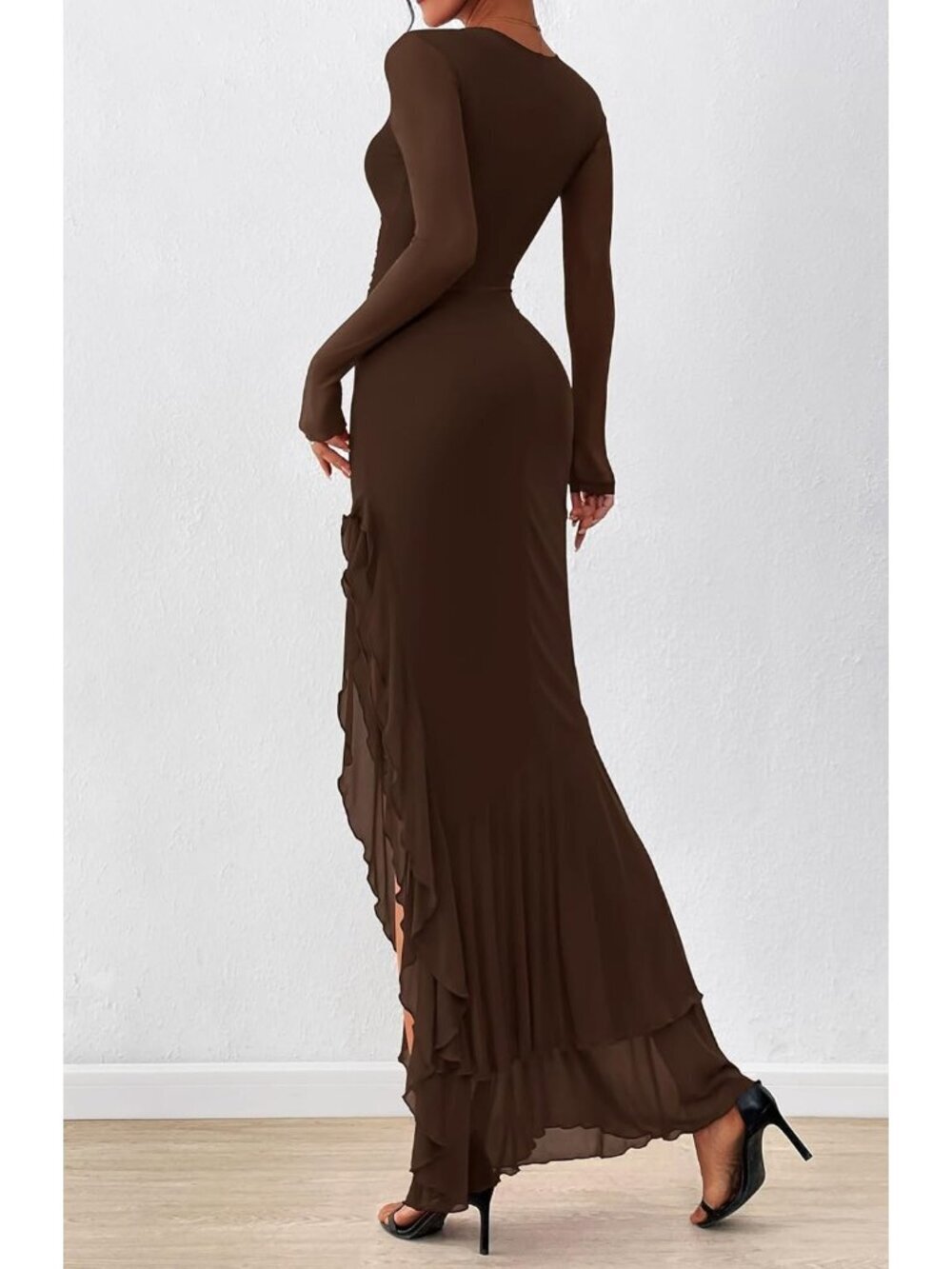 Women's Coffee Long Sleeve Ruched Bodycon SOLID Ruffle Mermaid Maxi Dress - Picture 3 of 6